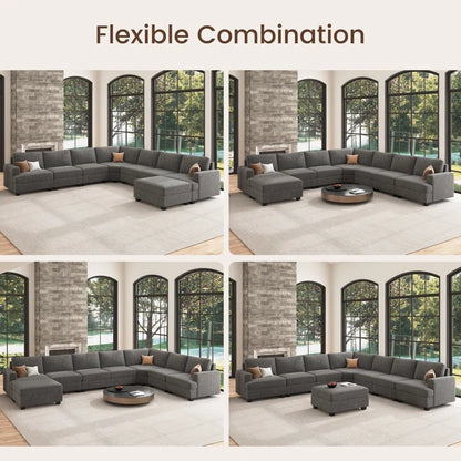 8 Seater Sofa: Modular Sectional U Shaped Corner Sofa With Storage Ottoman(Light Gray Polyester)