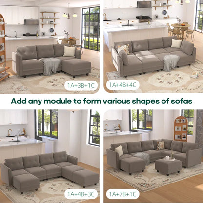 9 Seater Sofa: 163'' Modular Sleeper Sofa Living Room Set(Camel Polyester Blend)