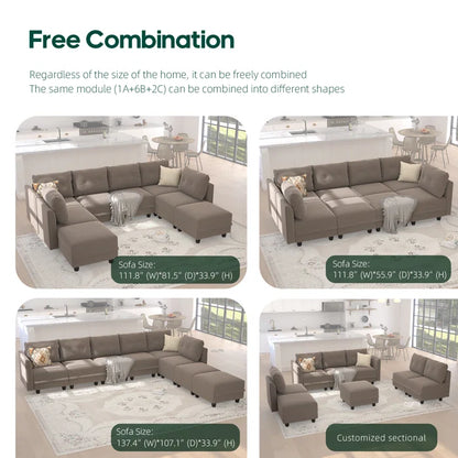 9 Seater Sofa: 163'' Modular Sleeper Sofa Living Room Set(Camel Polyester Blend)