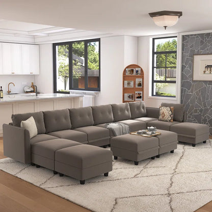 9 Seater Sofa: 163'' Modular Sleeper Sofa Living Room Set(Camel Polyester Blend)