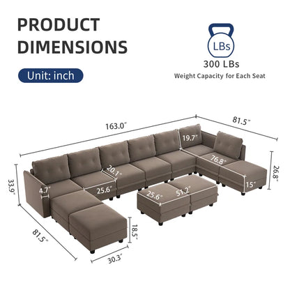 9 Seater Sofa: 163'' Modular Sleeper Sofa Living Room Set(Camel Polyester Blend)