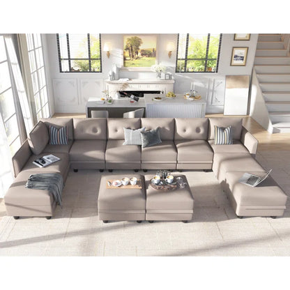 9 Seater Sofa: 163'' Modular Sleeper Sofa Living Room Set(Camel Polyester Blend)