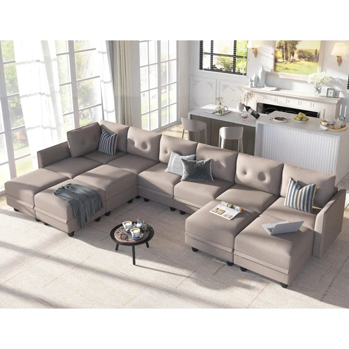 9 Seater Sofa: 163'' Modular Sleeper Sofa Living Room Set(Camel Polyester Blend)