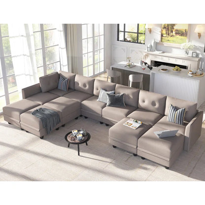 9 Seater Sofa: 163'' Modular Sleeper Sofa Living Room Set(Camel Polyester Blend)