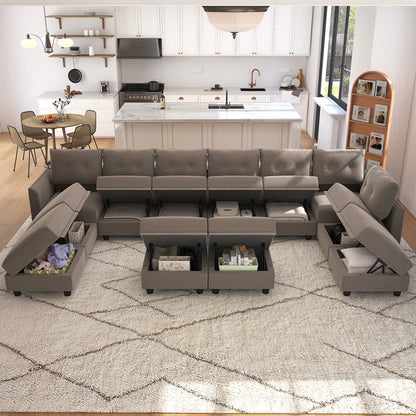 9 Seater Sofa: 163'' Modular Sleeper Sofa Living Room Set(Camel Polyester Blend)