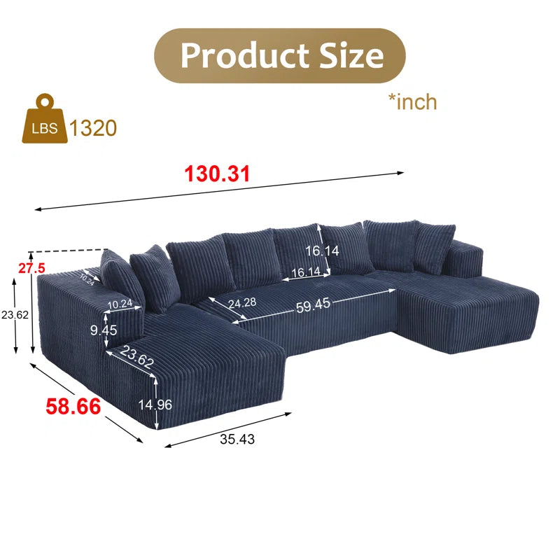 130.31"W Corduroy U-shaped Vacuumed Sectional Low Back Modular(Navy Corduroy)