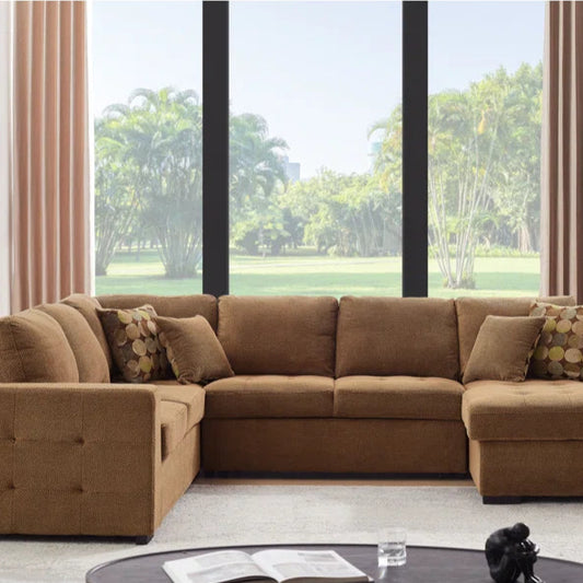 U Shape Sectional Sofa: 123" Oversized Sectional Sleeper Sofa With Storage Living Room(Brown)