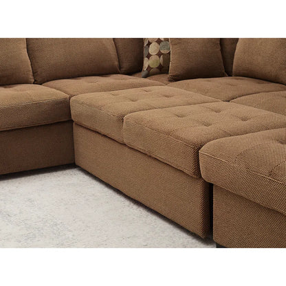 U Shape Sectional Sofa: 123" Oversized Sectional Sleeper Sofa With Storage Living Room(Brown)