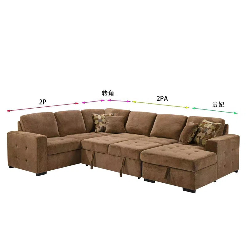 U Shape Sectional Sofa: 123" Oversized Sectional Sleeper Sofa With Storage Living Room(Brown)