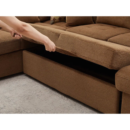 U Shape Sectional Sofa: 123" Oversized Sectional Sleeper Sofa With Storage Living Room(Brown)