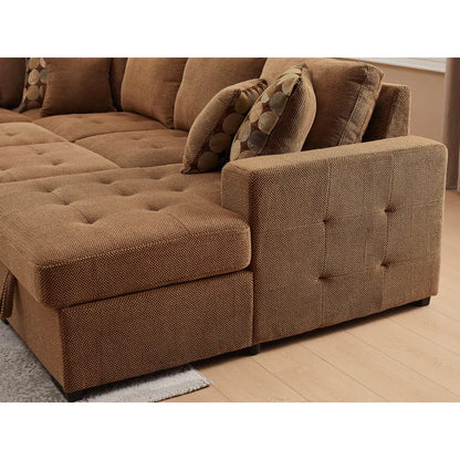 U Shape Sectional Sofa: 123" Oversized Sectional Sleeper Sofa With Storage Living Room(Brown)