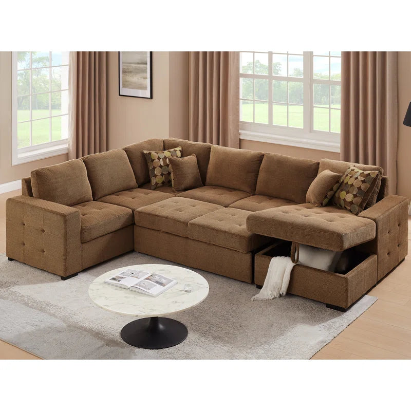 U Shape Sectional Sofa: 123" Oversized Sectional Sleeper Sofa With Storage Living Room(Brown)