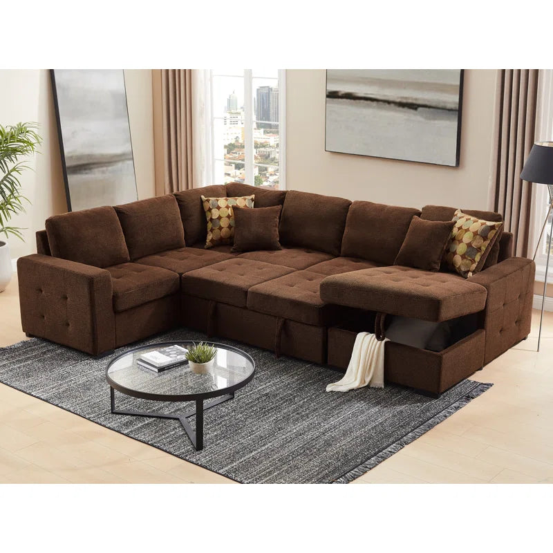 U Shape Sectional Sofa: 123" Oversized Sectional Sleeper Sofa With Storage Living Room(Dark Brown)