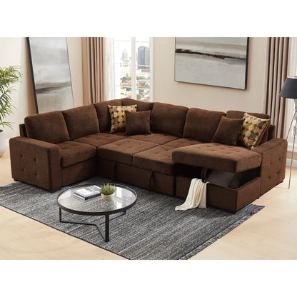 U Shape Sectional Sofa: 123" Oversized Sectional Sleeper Sofa With Storage Living Room(Dark Brown)