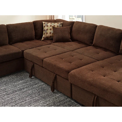 U Shape Sectional Sofa: 123" Oversized Sectional Sleeper Sofa With Storage Living Room(Dark Brown)