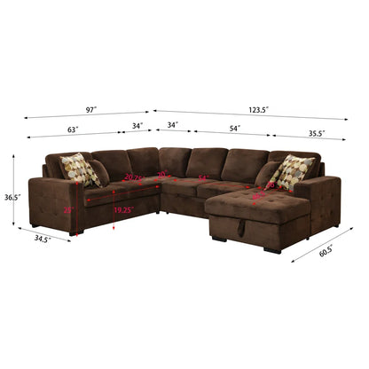 U Shape Sectional Sofa: 123" Oversized Sectional Sleeper Sofa With Storage Living Room(Dark Brown)