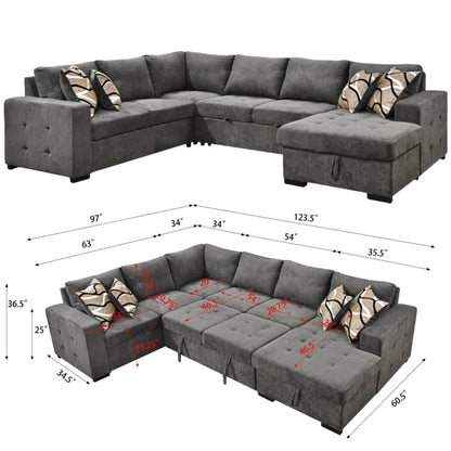 U Shape Sectional Sofa: 123" Oversized Sectional Sleeper Sofa With Storage Living Room(Dark Gray)