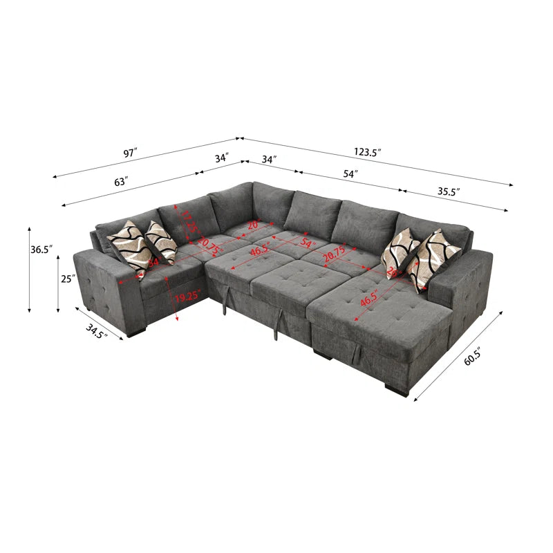 U Shape Sectional Sofa: 123" Oversized Sectional Sleeper Sofa With Storage Living Room(Dark Gray)