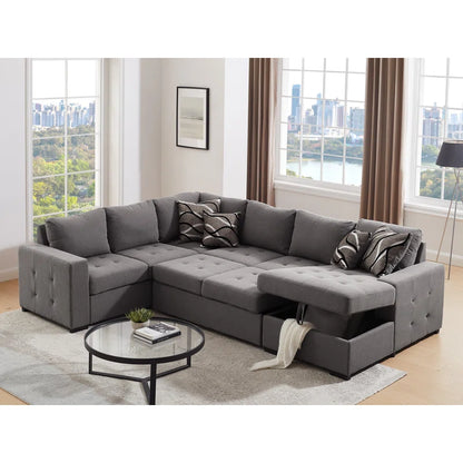 U Shape Sectional Sofa: 123" Oversized Sectional Sleeper Sofa With Storage Living Room(Gray)