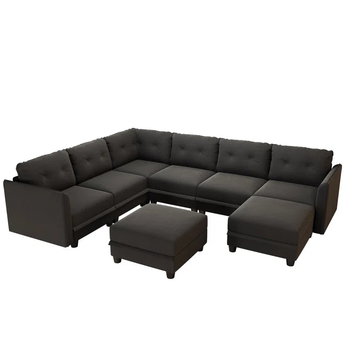 U-Shape Sectional Sofa: Retro-Modern Style 8 - Piece Upholstered Sectional(Black Polyester Blend)