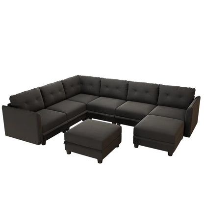 U-Shape Sectional Sofa: Retro-Modern Style 8 - Piece Upholstered Sectional(Black Polyester Blend)