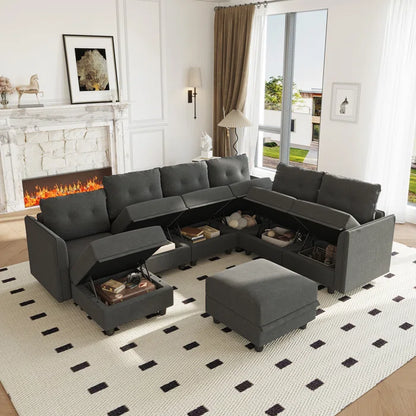 U-Shape Sectional Sofa: Retro-Modern Style 8 - Piece Upholstered Sectional(Black Polyester Blend)