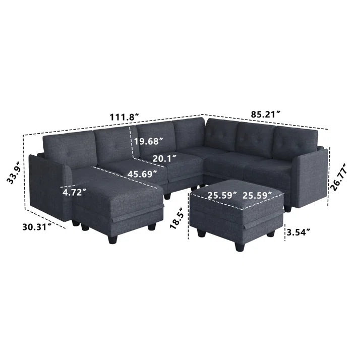 U-Shape Sectional Sofa: Retro-Modern Style 8 - Piece Upholstered Sectional(Black Polyester Blend)