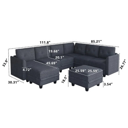 U-Shape Sectional Sofa: Retro-Modern Style 8 - Piece Upholstered Sectional(Black Polyester Blend)
