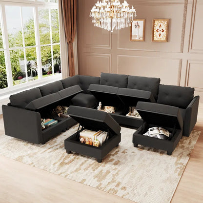 U-Shape Sectional Sofa: Retro-Modern Style 8 - Piece Upholstered Sectional(Black Polyester Blend)