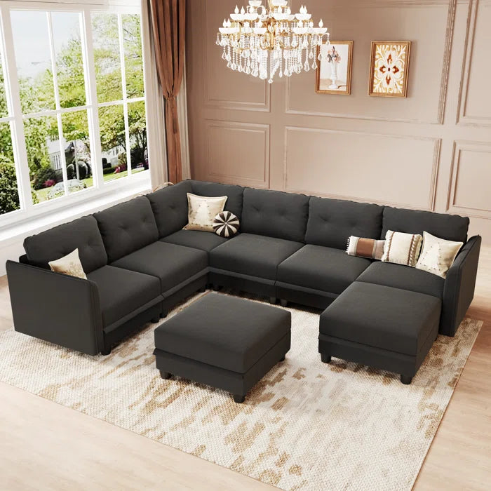 U-Shape Sectional Sofa: Retro-Modern Style 8 - Piece Upholstered Sectional(Black Polyester Blend)