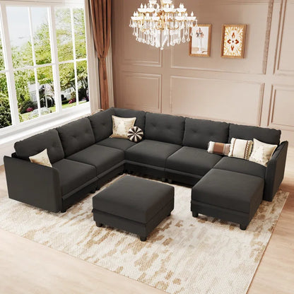 U-Shape Sectional Sofa: Retro-Modern Style 8 - Piece Upholstered Sectional(Black Polyester Blend)