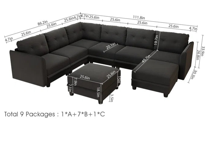 U-Shape Sectional Sofa: Retro-Modern Style 8 - Piece Upholstered Sectional(Black Polyester Blend)