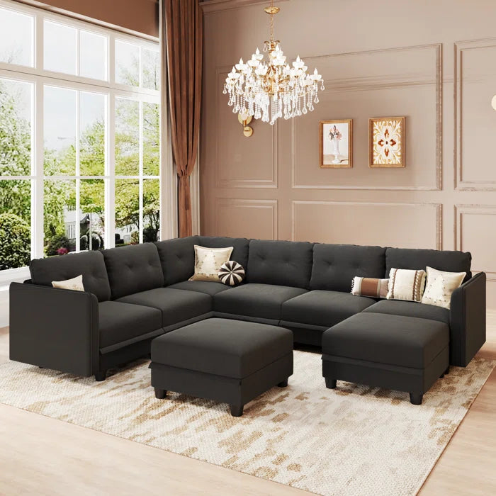 U-Shape Sectional Sofa: Retro-Modern Style 8 - Piece Upholstered Sectional(Black Polyester Blend)