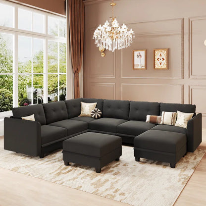 U-Shape Sectional Sofa: Retro-Modern Style 8 - Piece Upholstered Sectional(Black Polyester Blend)