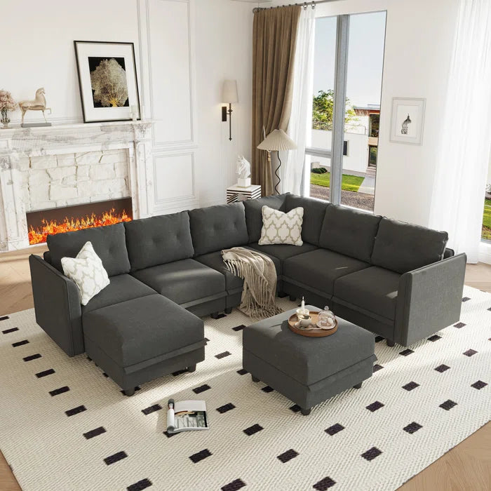 U-Shape Sectional Sofa: Retro-Modern Style 8 - Piece Upholstered Sectional(Black Polyester Blend)
