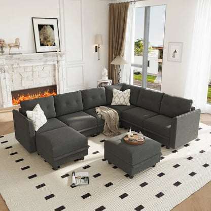 U-Shape Sectional Sofa: Retro-Modern Style 8 - Piece Upholstered Sectional(Black Polyester Blend)