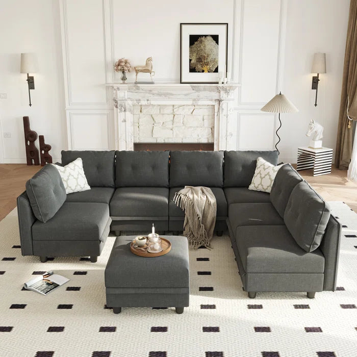 U-Shape Sectional Sofa: Retro-Modern Style 8 - Piece Upholstered Sectional(Black Polyester Blend)