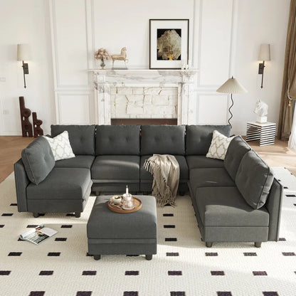 U-Shape Sectional Sofa: Retro-Modern Style 8 - Piece Upholstered Sectional(Black Polyester Blend)