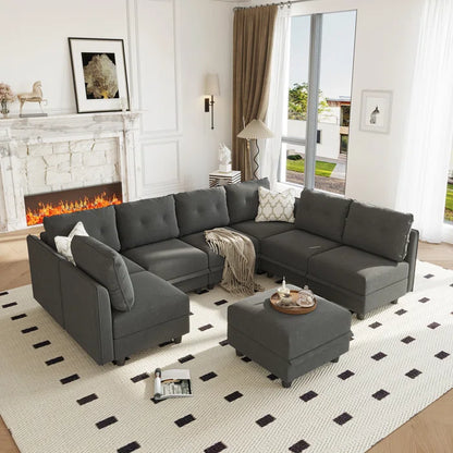 U-Shape Sectional Sofa: Retro-Modern Style 8 - Piece Upholstered Sectional(Black Polyester Blend)