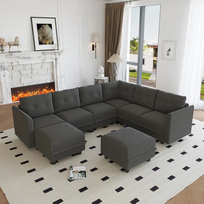 U-Shape Sectional Sofa: Retro-Modern Style 8 - Piece Upholstered Sectional(Black Polyester Blend)