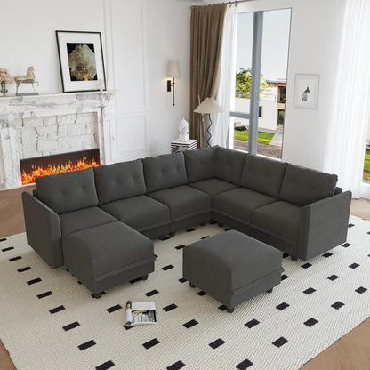 U-Shape Sectional Sofa: Retro-Modern Style 8 - Piece Upholstered Sectional(Black Polyester Blend)
