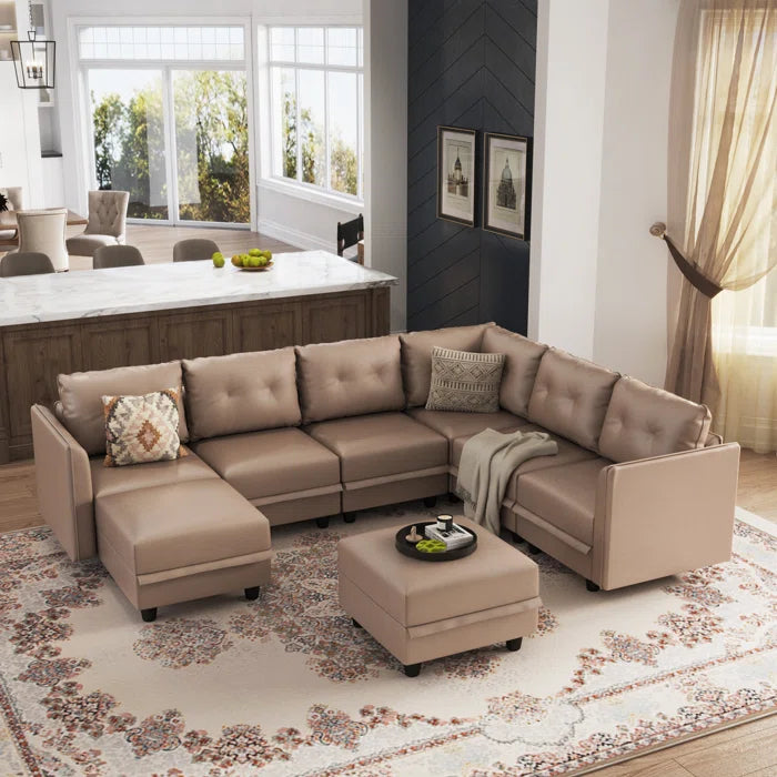 U-Shape Sectional Sofa: Retro-Modern Style 8 - Piece Upholstered Sectional(Brown Faux Leather)