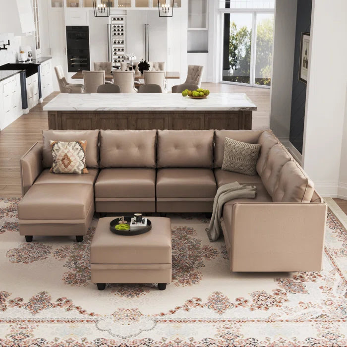 U-Shape Sectional Sofa: Retro-Modern Style 8 - Piece Upholstered Sectional(Brown Faux Leather)