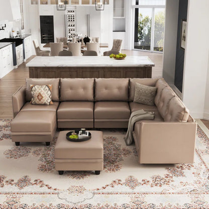 U-Shape Sectional Sofa: Retro-Modern Style 8 - Piece Upholstered Sectional(Brown Faux Leather)