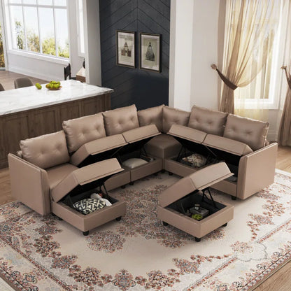 U-Shape Sectional Sofa: Retro-Modern Style 8 - Piece Upholstered Sectional(Brown Faux Leather)