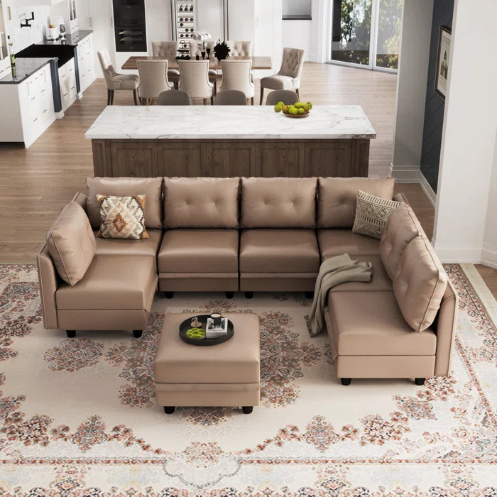 U-Shape Sectional Sofa: Retro-Modern Style 8 - Piece Upholstered Sectional(Brown Faux Leather)