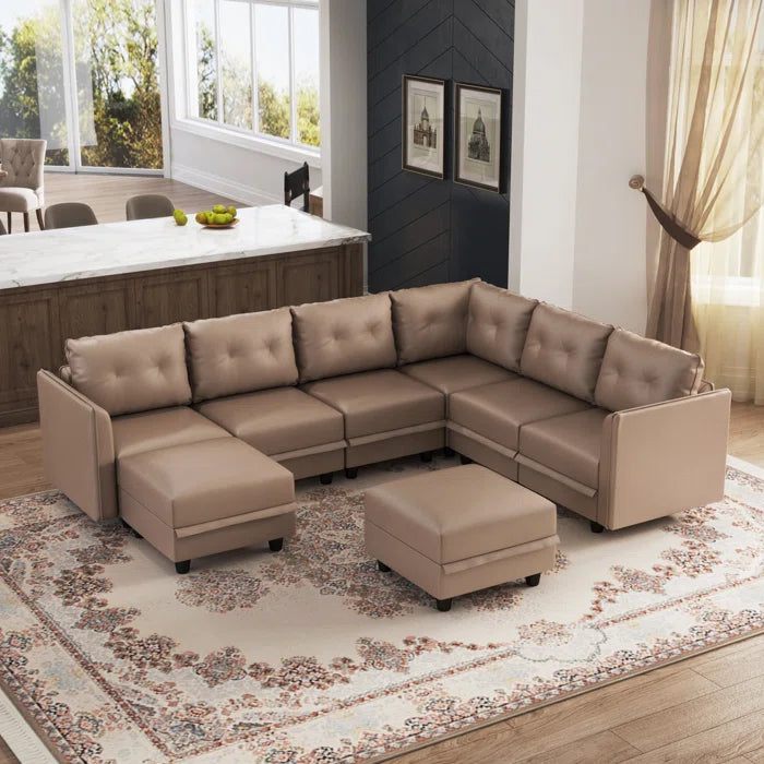 U-Shape Sectional Sofa: Retro-Modern Style 8 - Piece Upholstered Sectional(Brown Faux Leather)