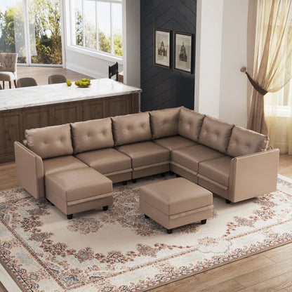 U-Shape Sectional Sofa: Retro-Modern Style 8 - Piece Upholstered Sectional(Brown Faux Leather)