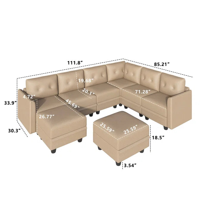 U-Shape Sectional Sofa: Retro-Modern Style 8 - Piece Upholstered Sectional(Brown Faux Leather)