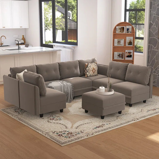 U-Shape Sectional Sofa: Retro-Modern Style 8 - Piece Upholstery Sectional(Camel Faux Leather)